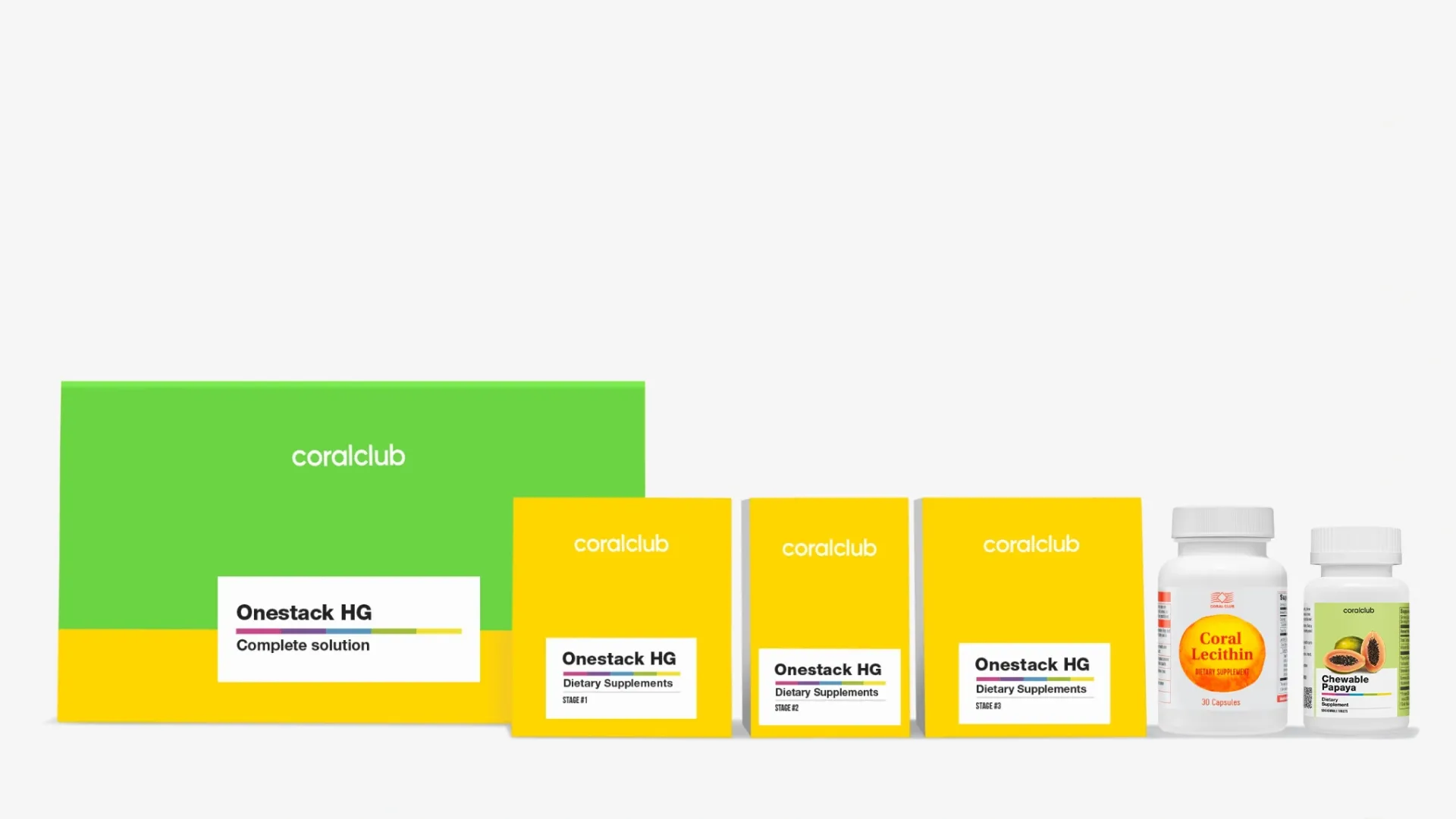 Полный состав продуктов комплекса Healthy Gut, выстроенный в ряд на светлом фоне