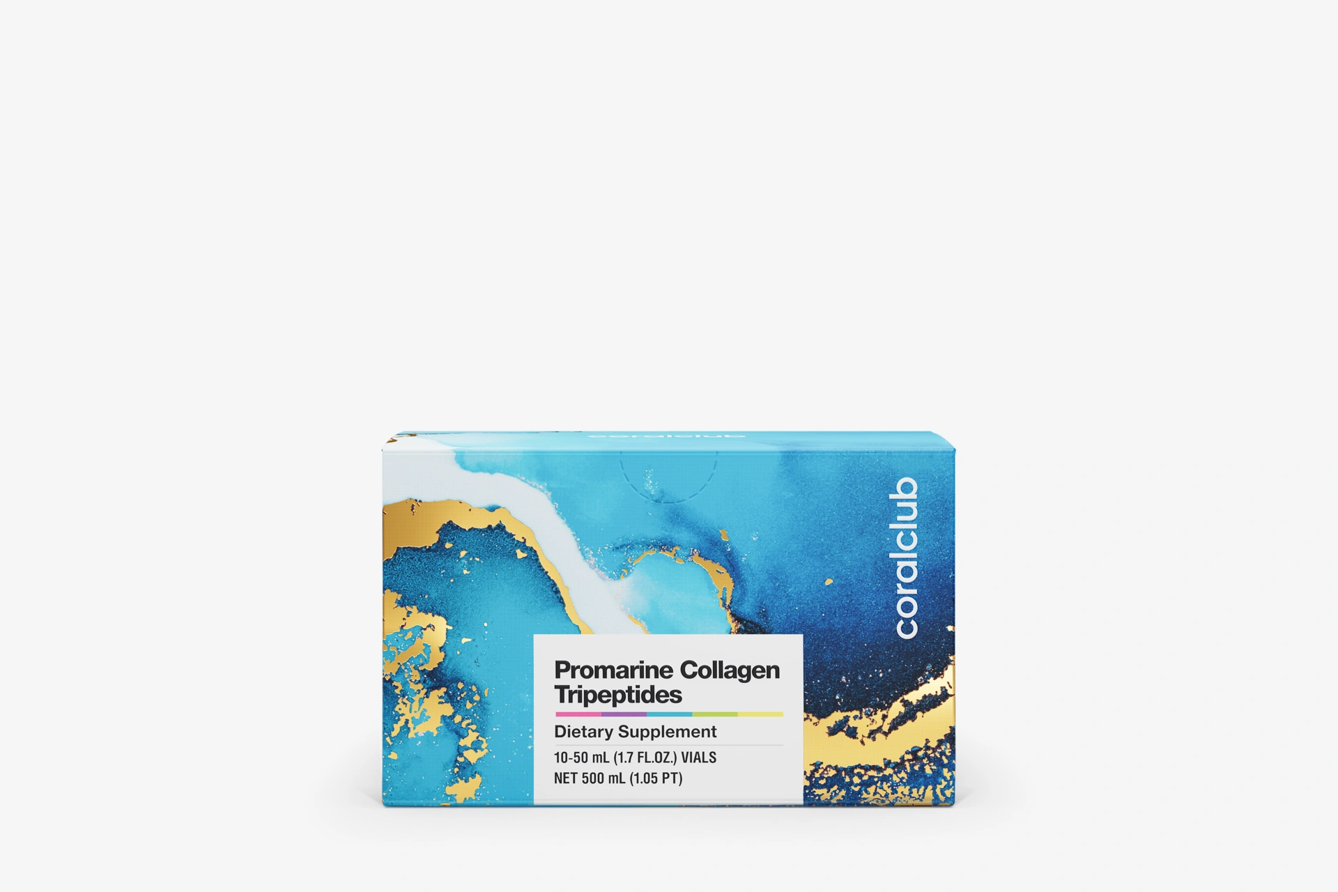 Упаковка и флаконы комплекса Promarine Collagen Tripeptides на светлом эстетичном фоне