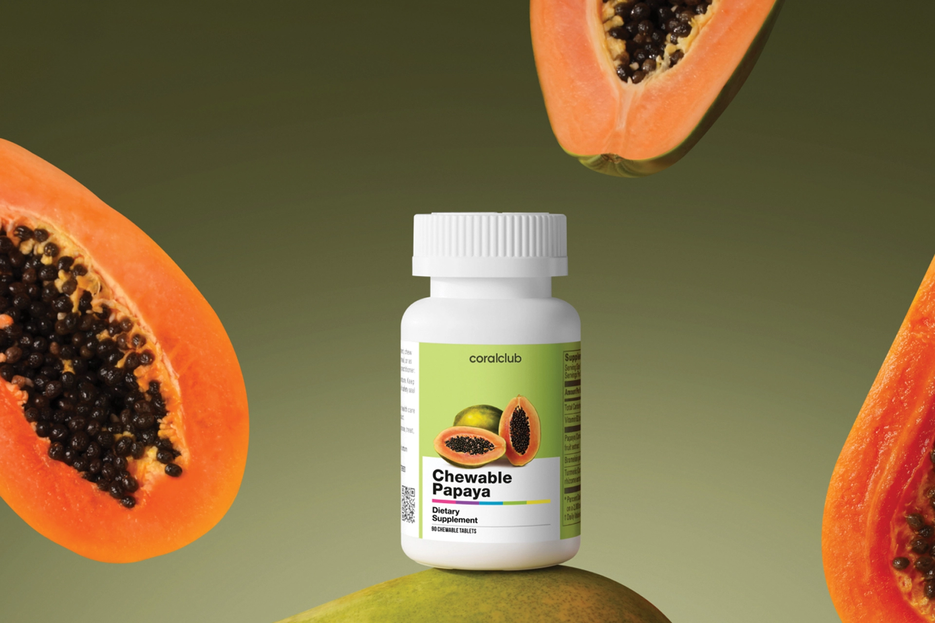 Формат жевательных таблеток Chewable Papaya на фоне свежей мякоти папайи